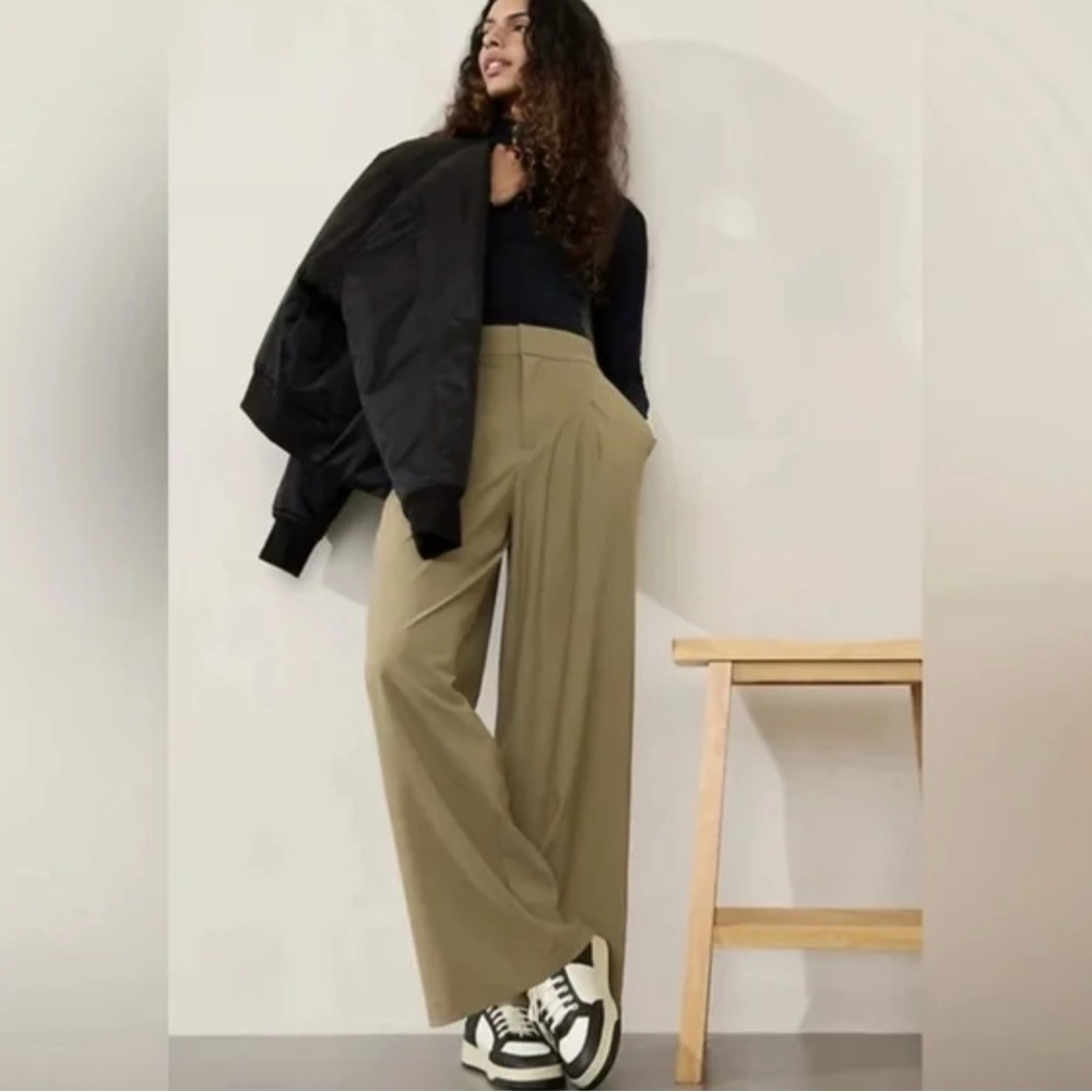 Athleta Pinnacle Trouser Wide Leg Pant‎ in Olive Branch Tan.